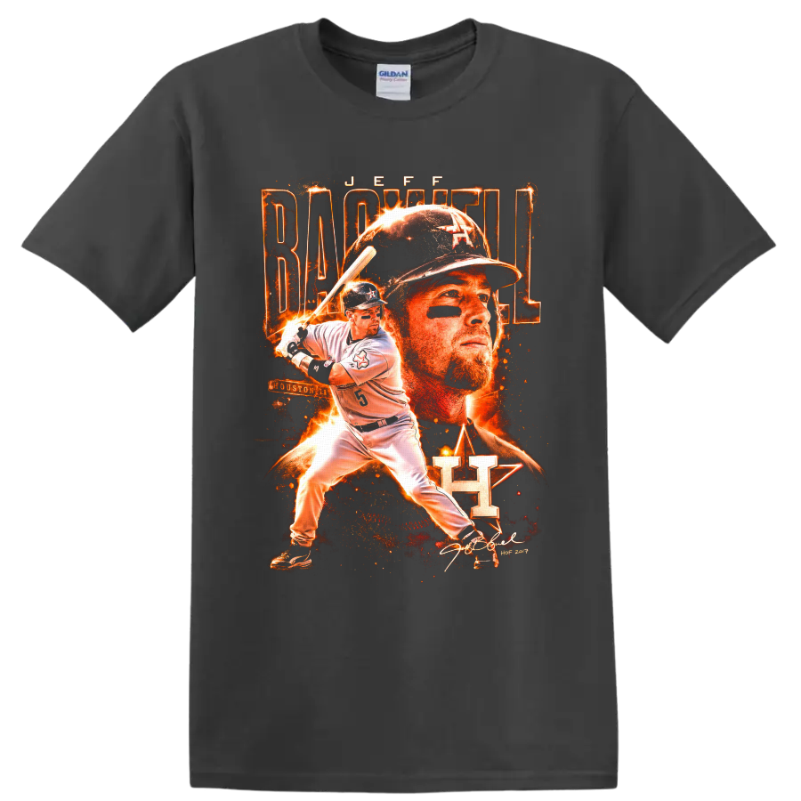 Jeff Bagwell Houston baseball portrait and batting action in fiery vintage poster style on a Charcoal T Shirt