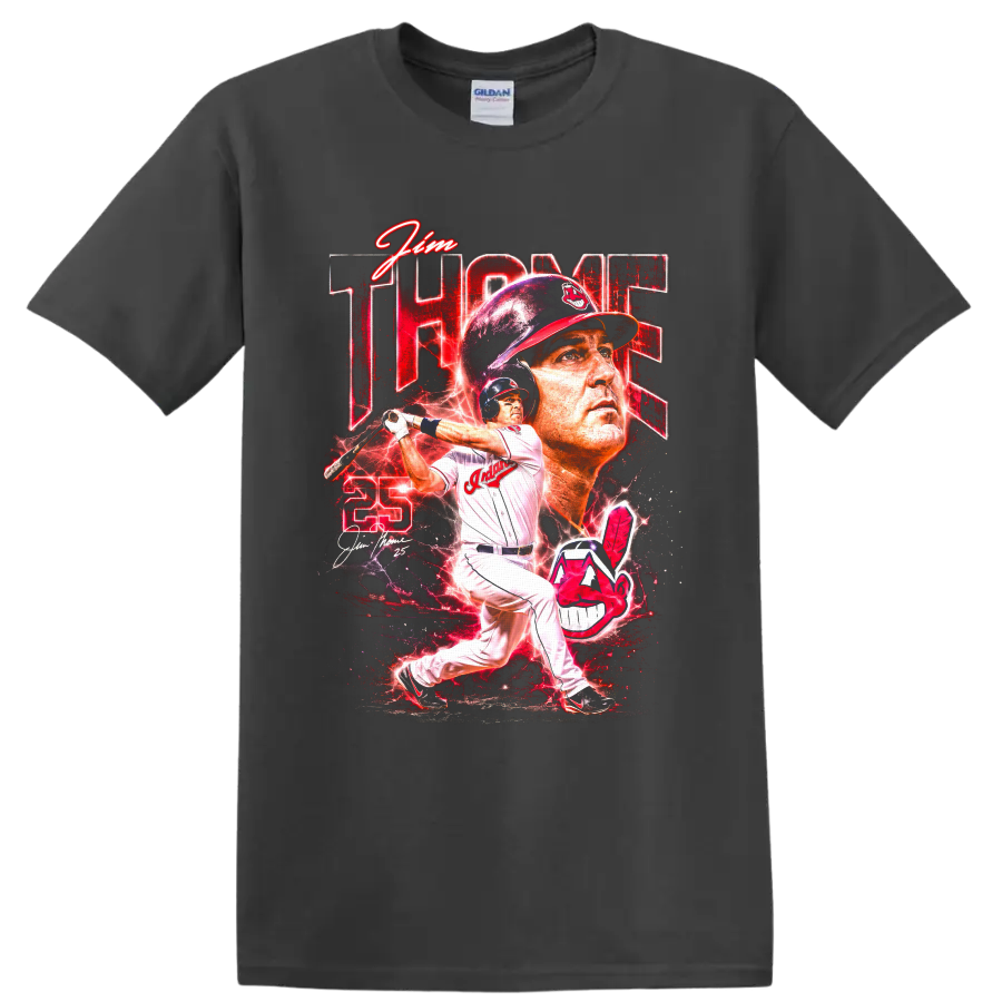 Jim Thome Cleveland Indians batting portrait with number 25 and red lightning graphic on a Charcoal T Shirt