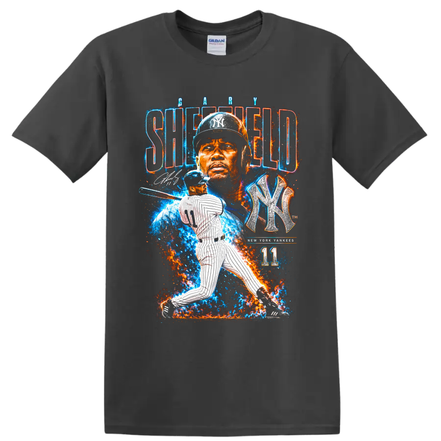 Gary Sheffield Yankees portrait and batting graphic with NY emblem and number 11 on a Charcoal T Shirt