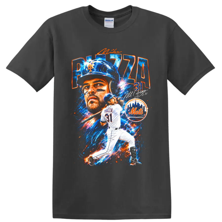 Mike Piazza New York Mets catcher No. 31 in electric blue-and-orange baseball collage on a Charcoal T Shirt