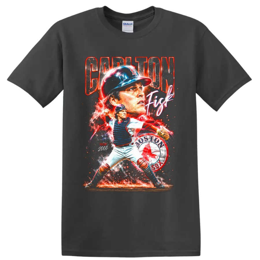 Carlton Fisk Boston Red Sox catcher collage with Captain Fisk and HOF 2000 text on a Charcoal T Shirt
