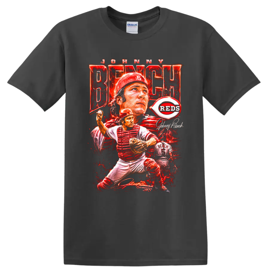 Johnny Bench Cincinnati Reds catcher collage with No. 5 and distressed red poster art on a Charcoal T Shirt