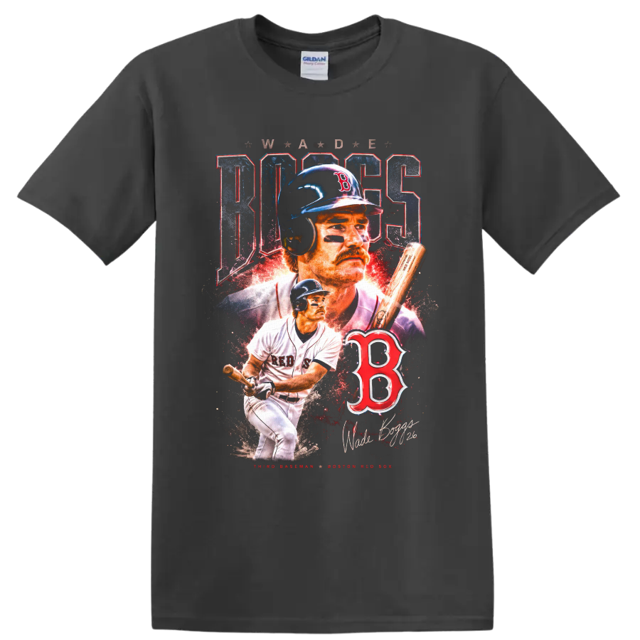 Wade Boggs Boston Red Sox vintage baseball collage with batting pose and number 26 on a Charcoal T Shirt