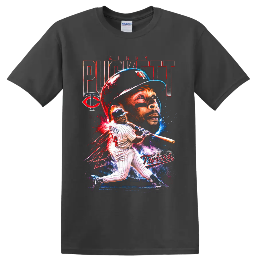 Kirby Puckett Minnesota Twins portrait and batting graphic with number 34 and TC emblem on a Charcoal T Shirt