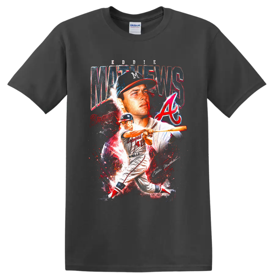 Eddie Mathews Milwaukee Braves portrait and batting action baseball collage on a Charcoal T Shirt