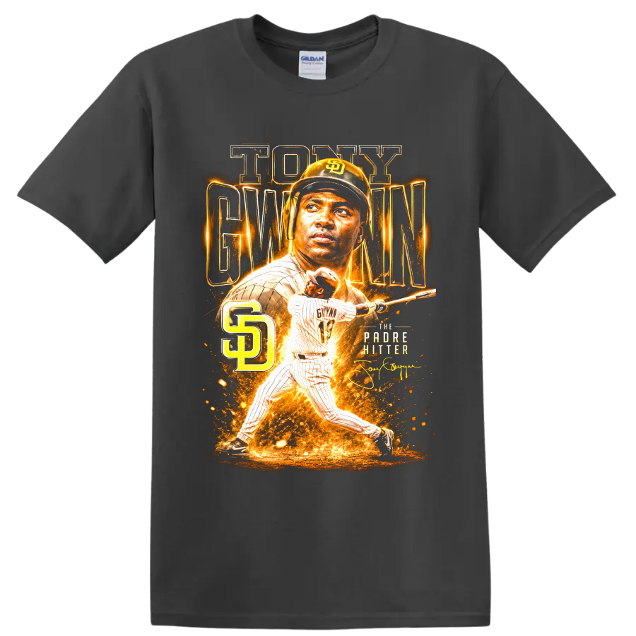 Tony Gwynn Padres batting portrait graphic with SD monogram and The Padre Hitter text on a Charcoal T Shirt