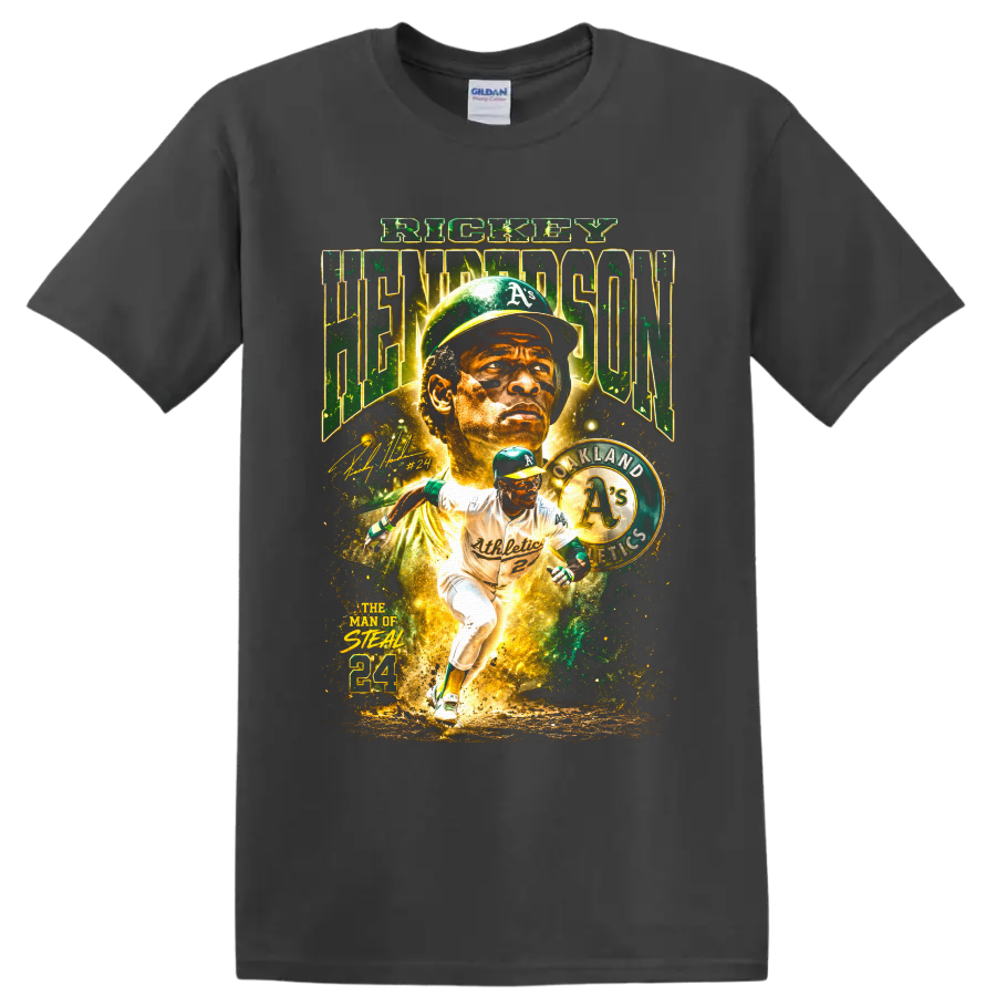 Rickey Henderson Oakland Athletics collage with Man of Steal and 24 text on a Charcoal T Shirt