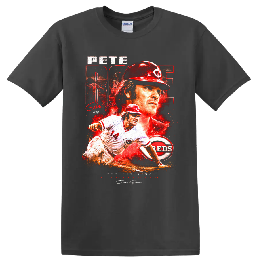 Pete Rose Cincinnati Reds Hit King distressed baseball collage with number 14 action art on a Charcoal T Shirt