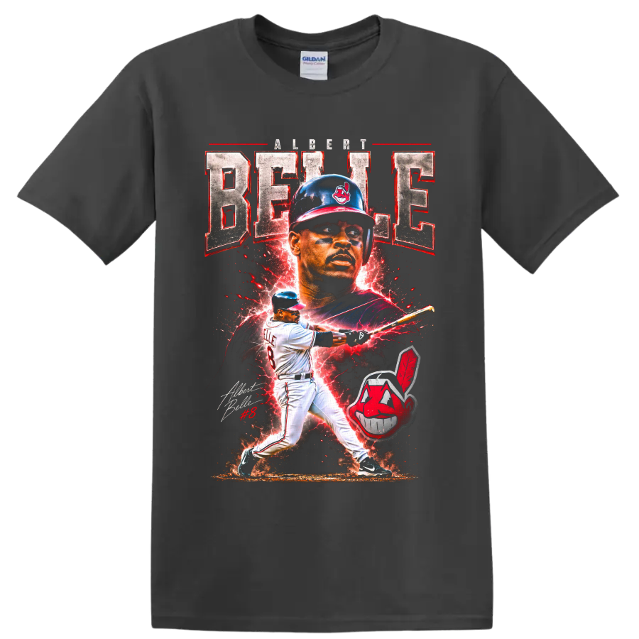 Albert Belle Cleveland Indians baseball poster collage with batting action and lightning on a Charcoal T Shirt