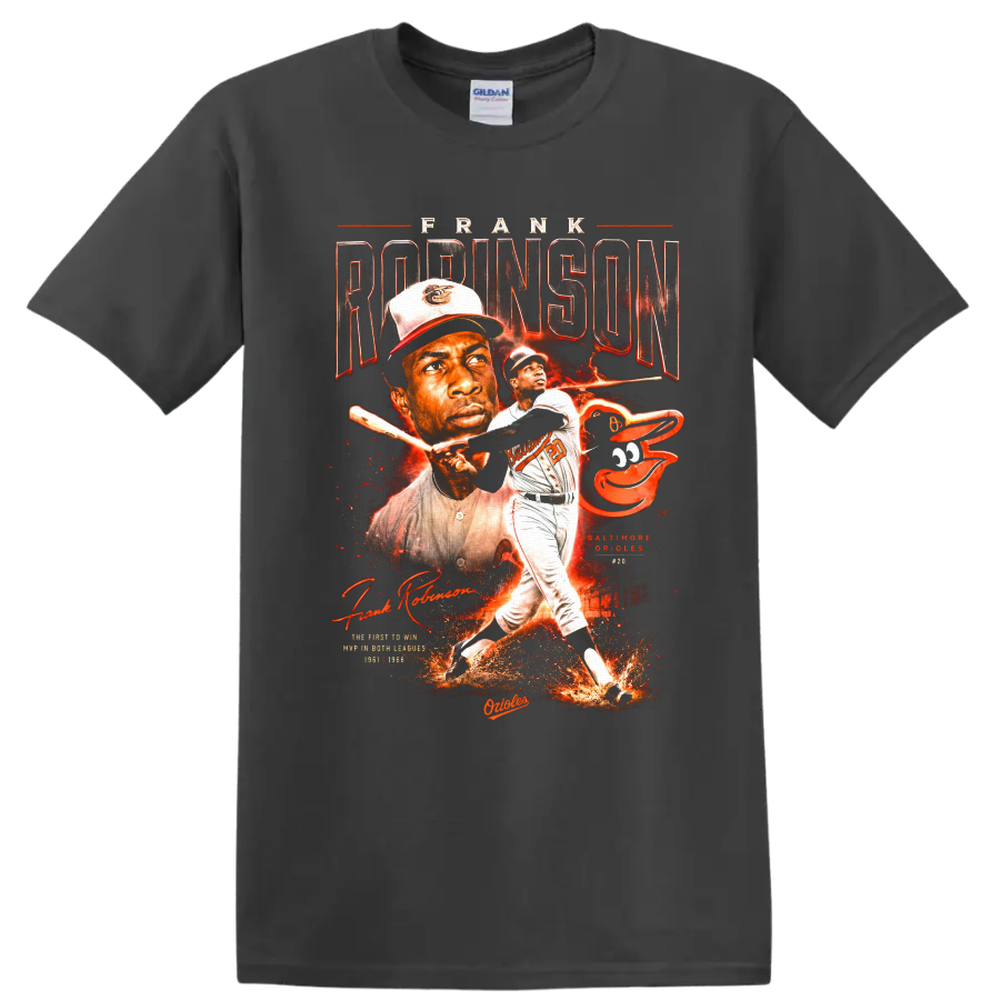 Frank Robinson Baltimore Orioles vintage baseball portrait and batting graphic on a Charcoal T Shirt