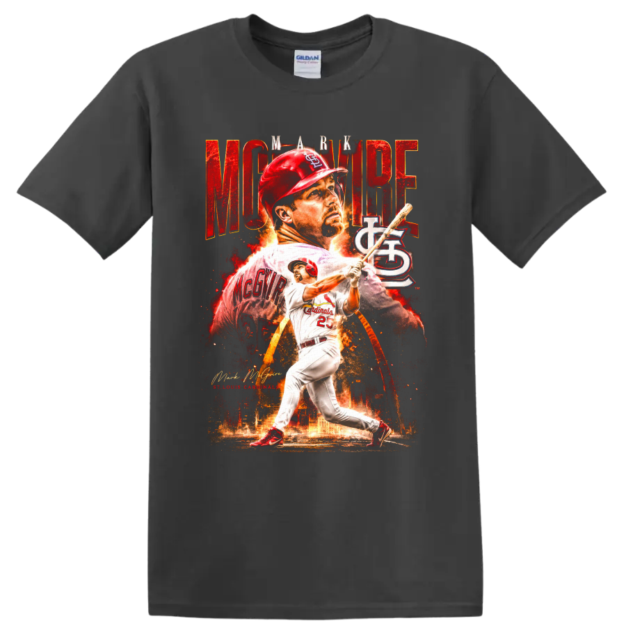 Mark McGwire St. Louis Cardinals batting collage with MCGWIRE text on a Charcoal T Shirt