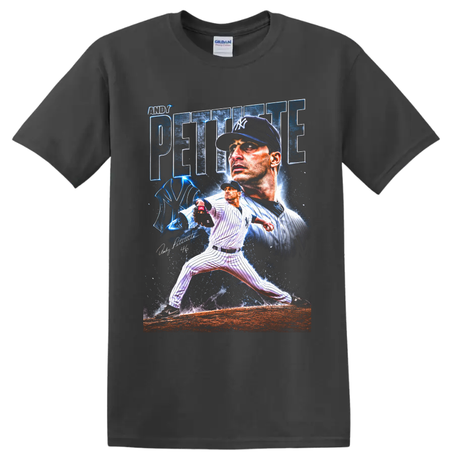 Andy Pettitte Yankees pitcher portrait and pitching action graphic with number 46 on a Charcoal T Shirt
