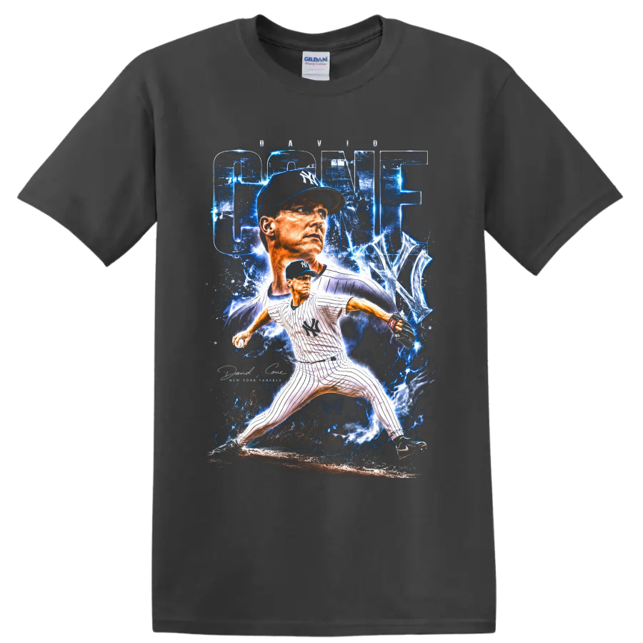 David Cone New York Yankees pitcher with electric blue CONE graphic and pitching pose on a Charcoal T Shirt
