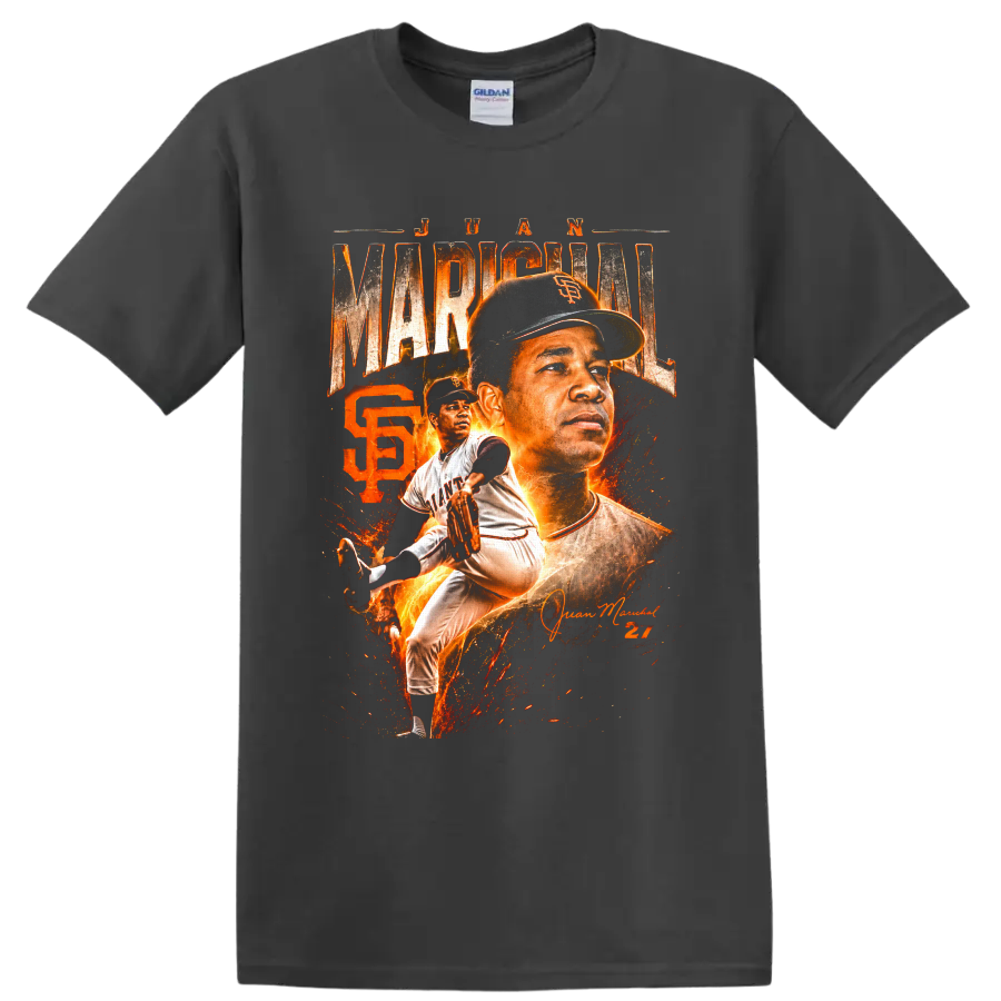 Juan Marichal Giants pitcher portrait and action graphic with fiery number 27 on a Charcoal T Shirt
