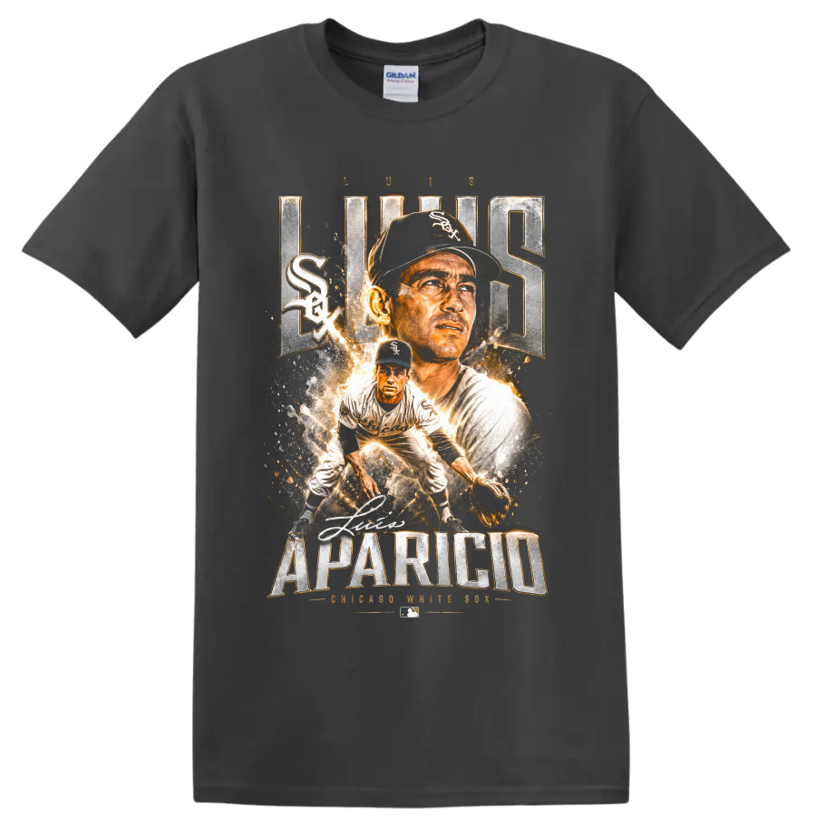 Luis Aparicio Chicago White Sox vintage baseball portrait and fielding graphic on a Charcoal T Shirt