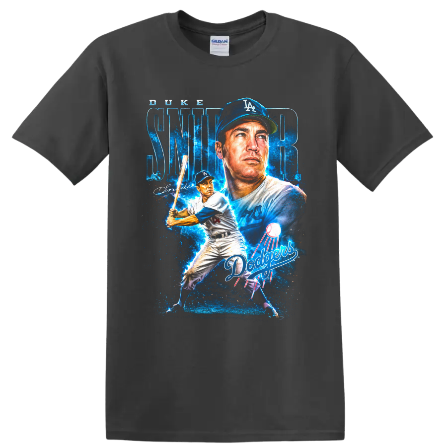 Duke Snider Los Angeles Dodgers portrait and batting collage with SNIDER lettering on a Charcoal T Shirt
