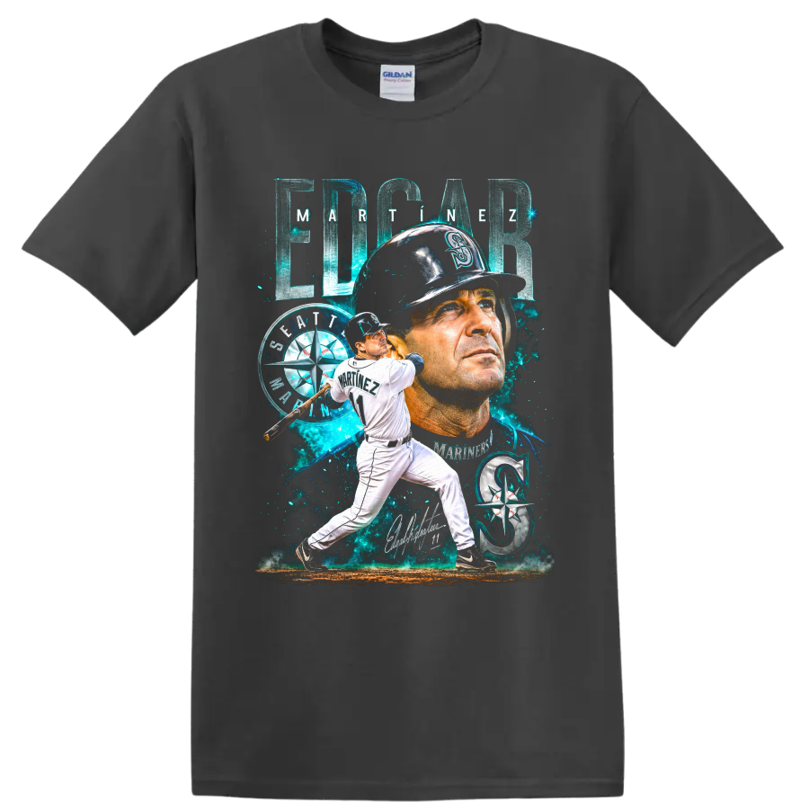 Edgar Martínez Seattle Mariners portrait and batting graphic with number 11 on a Charcoal T Shirt