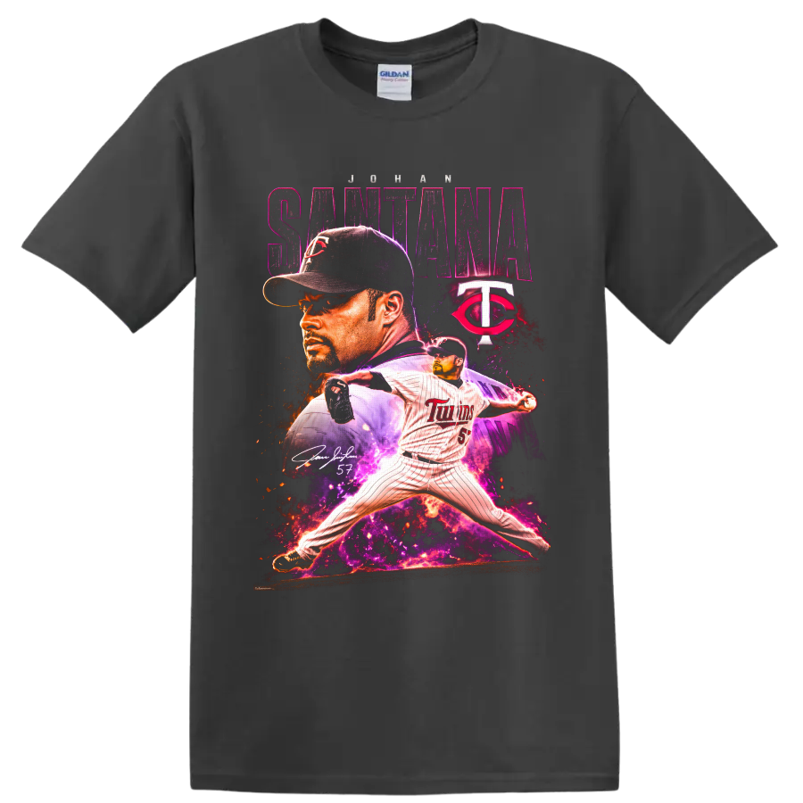 Johan Santana Minnesota Twins pitcher portrait and action graphic with number 57 on a Charcoal T Shirt