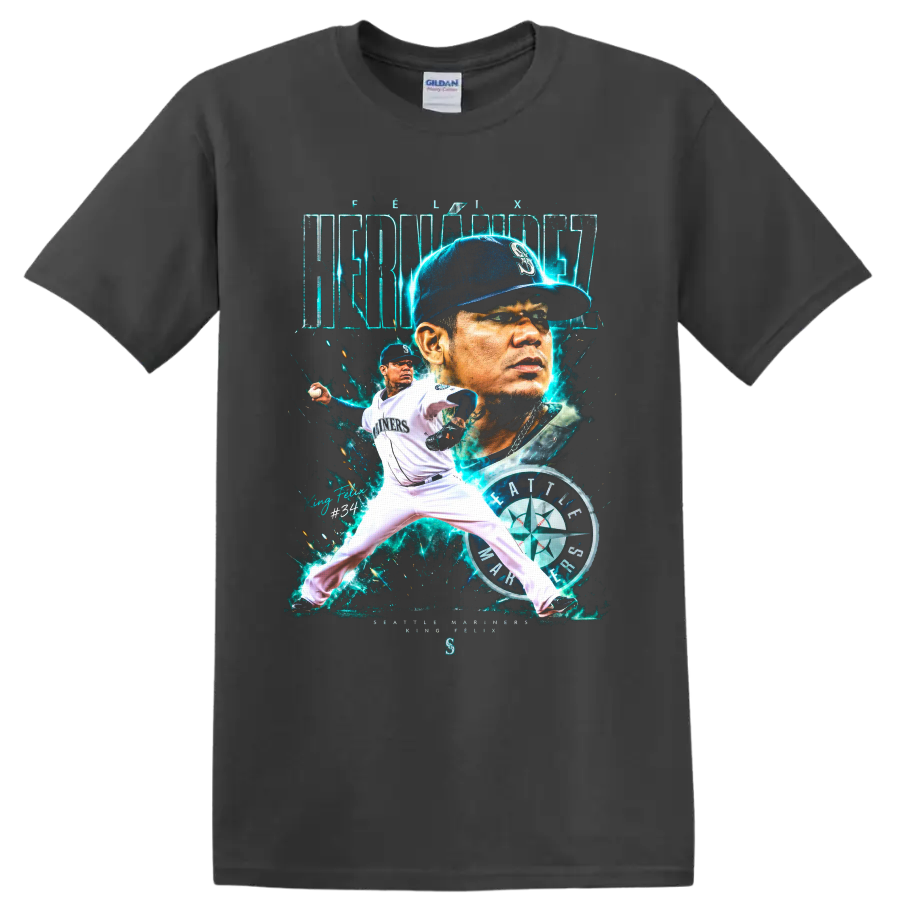 Félix Hernández Seattle Mariners portrait and pitching graphic with King Félix No. 34 on a Charcoal T Shirt