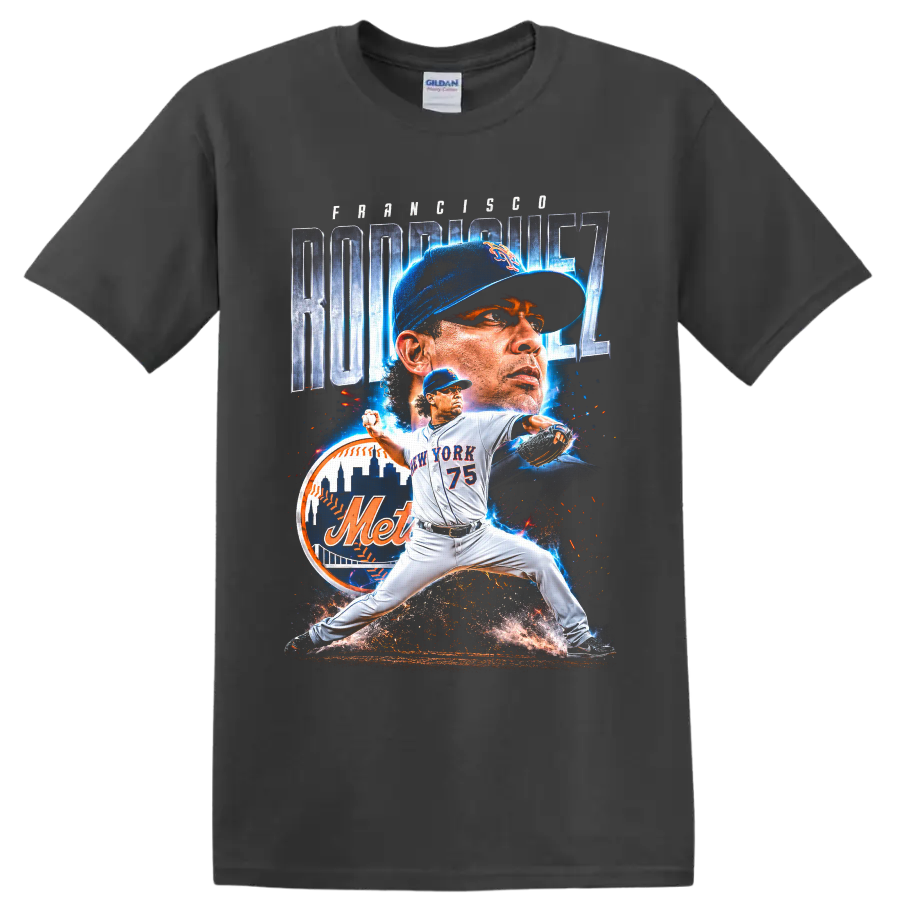 Francisco Rodríguez Mets pitcher action graphic with number 75 and New York skyline on a Charcoal T Shirt