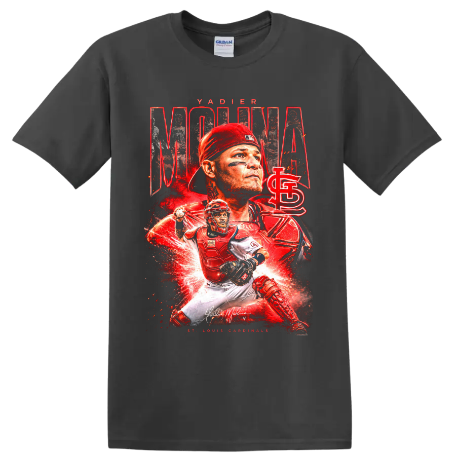Yadier Molina St. Louis Cardinals catcher collage with red energy effects on a Charcoal T Shirt