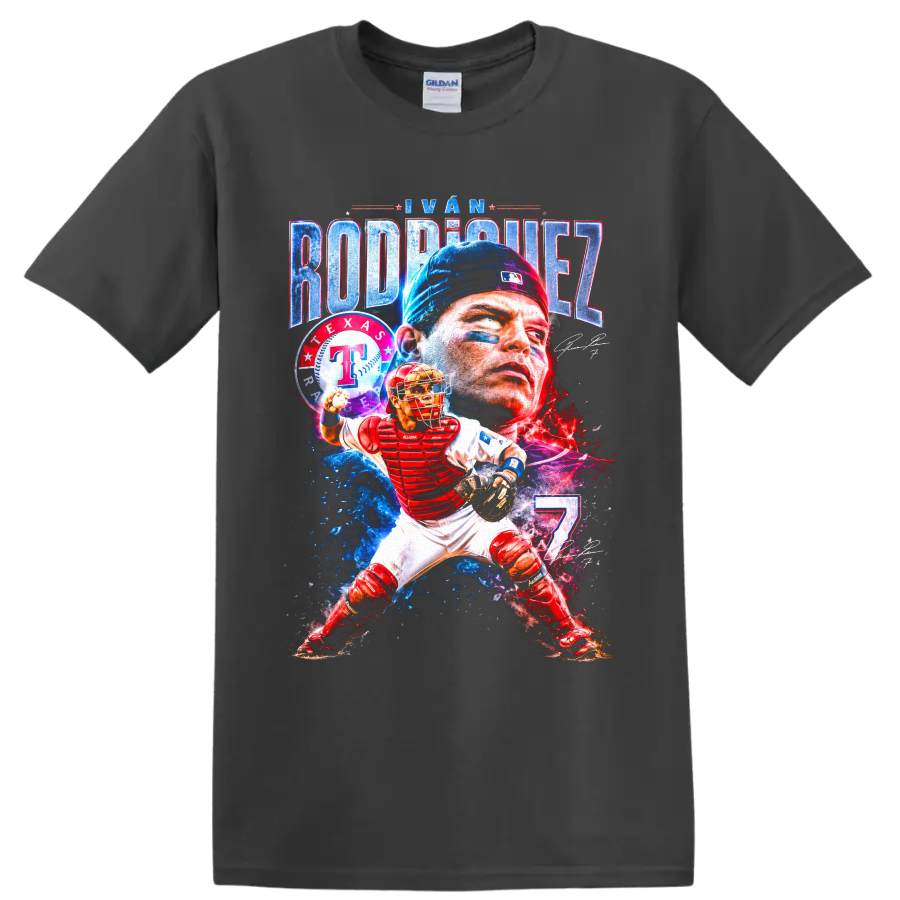 Iván Rodríguez Texas Rangers catcher portrait and action graphic with number 7 on a Charcoal T Shirt