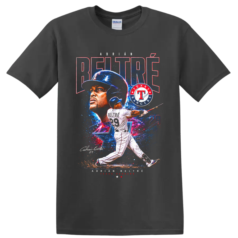 Adrián Beltré Texas Rangers batting collage with number 29 and distressed team graphics on a Charcoal T Shirt