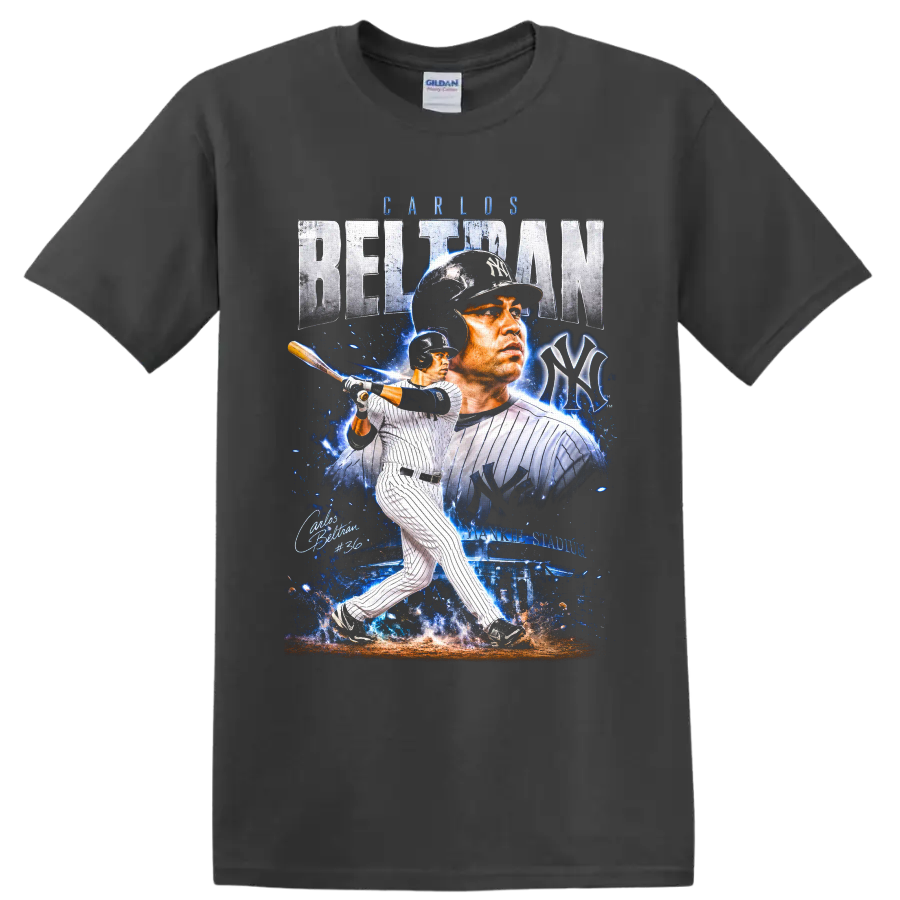 Carlos Beltrán Yankees pinstripe batting collage with BELTRAN text, NY emblem, and #36 on a Charcoal T Shirt