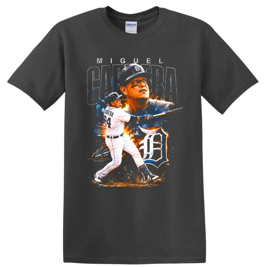 Miguel Cabrera Detroit Tigers batting portrait with Old English D splatter graphic on a Charcoal T Shirt