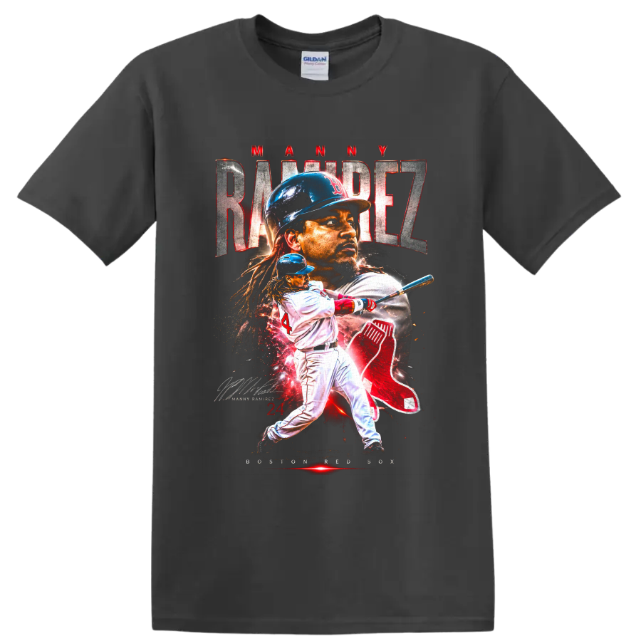 Manny Ramirez Boston Red Sox portrait and batting graphic with number 24 on a Charcoal T Shirt