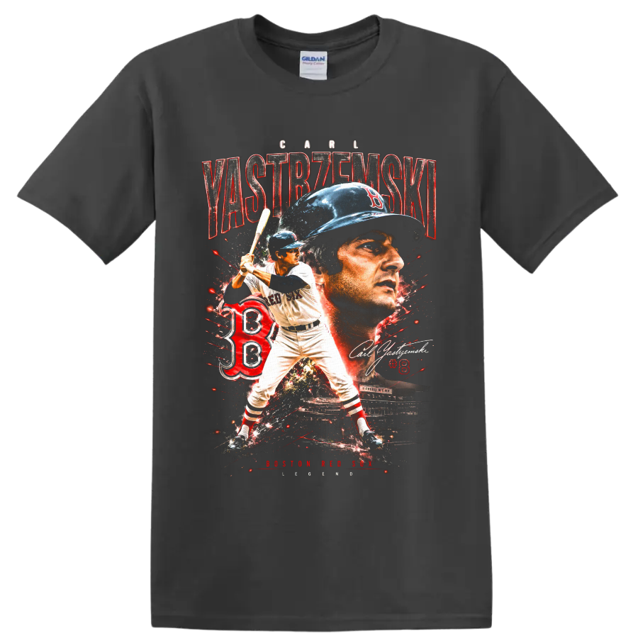 Carl Yastrzemski Boston Red Sox portrait and batting action vintage collage on a Charcoal T Shirt