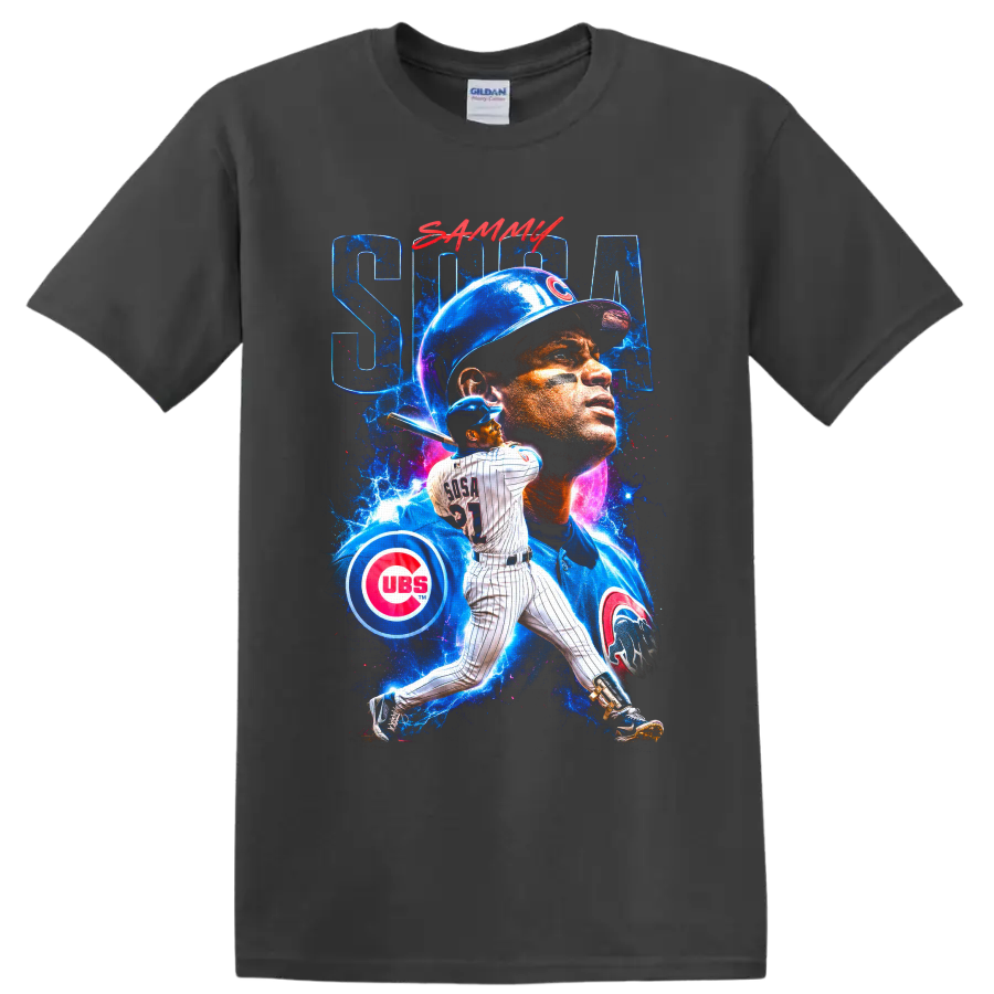 Sammy Sosa Chicago Cubs batting portrait collage with electric blue cosmic splashes on a Charcoal T Shirt