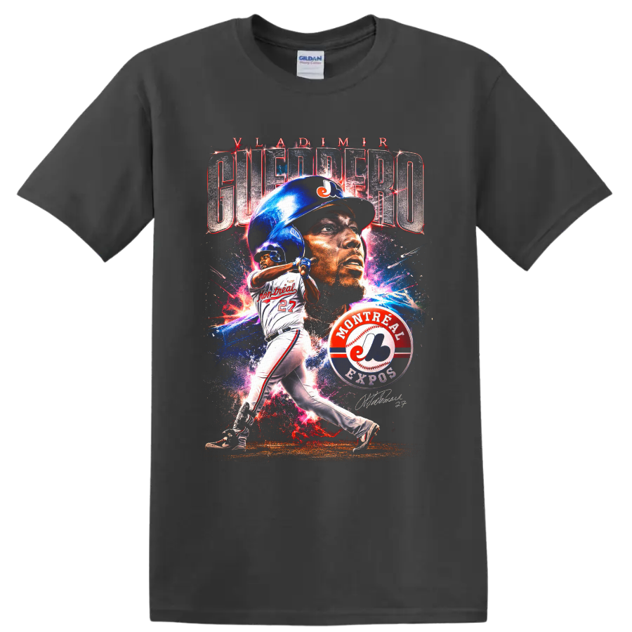 Vladimir Guerrero Montreal Expos portrait and batting graphic with number 27 on a Charcoal T Shirt