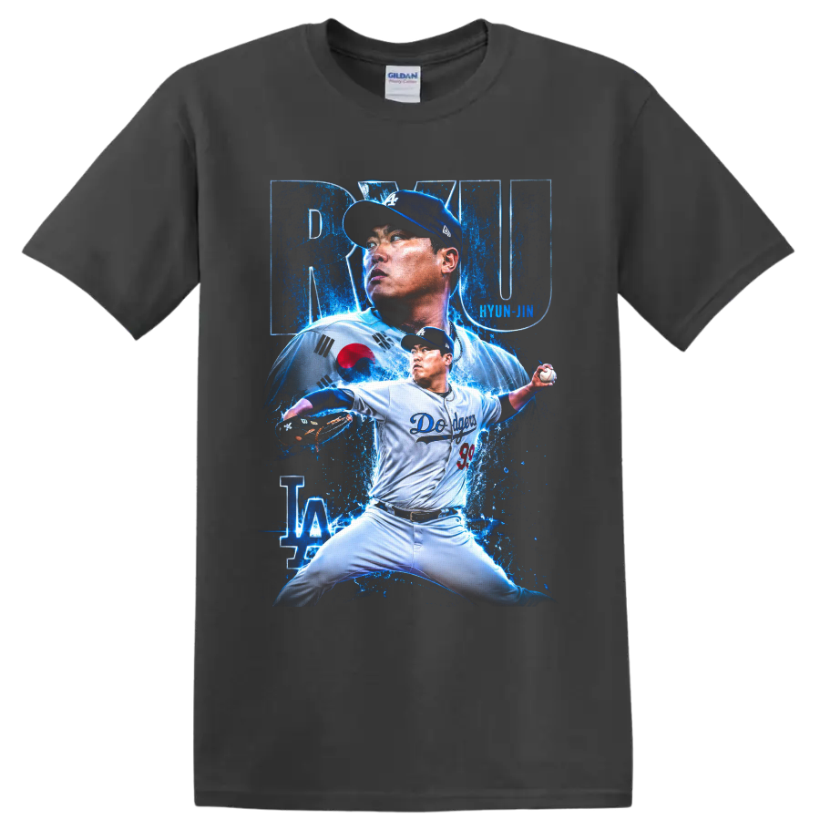 Hyun Jin Ryu Dodgers pitcher collage with Korean flag and electric blue splashes on a Charcoal T Shirt