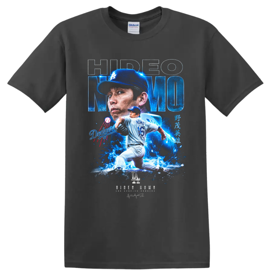 Hideo Nomo Dodgers pitcher portrait and number 16 action graphic on a Charcoal T Shirt