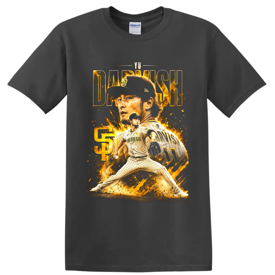Yu Darvish Padres pitcher collage with gold sparks, action pose, and number 11 jersey on a Charcoal T Shirt