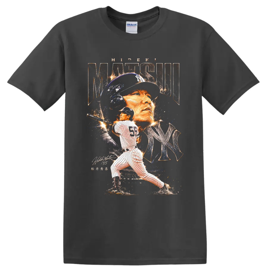 Hideki Matsui Yankees portrait and batting action in distressed baseball poster art on a Charcoal T Shirt