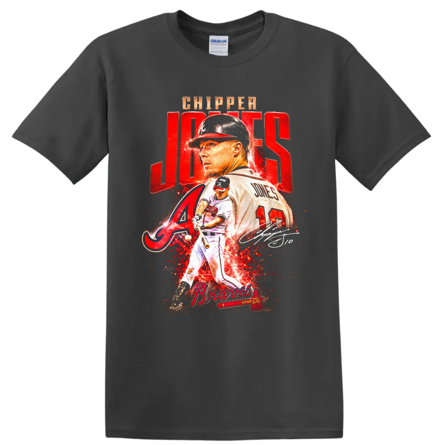 Chipper Jones Atlanta Braves portrait and batting action graphic with number 10 on a Charcoal T Shirt