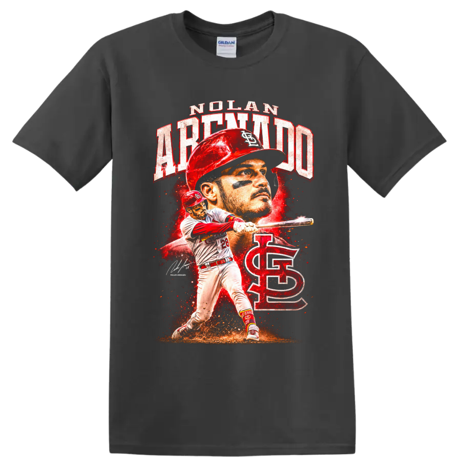 Nolan Arenado Cardinals batting portrait and action graphic with distressed red lettering on a Charcoal T Shirt