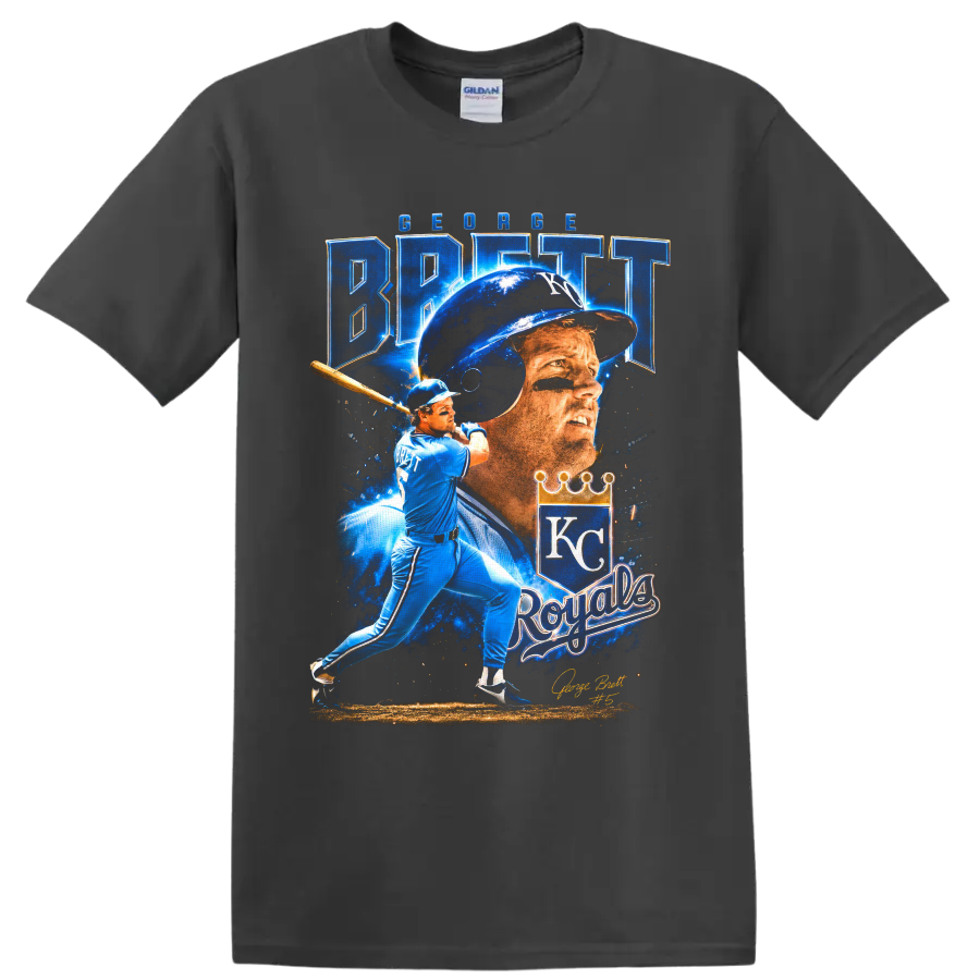 George Brett Kansas City Royals portrait and batting graphic with KC crown on a Charcoal T Shirt