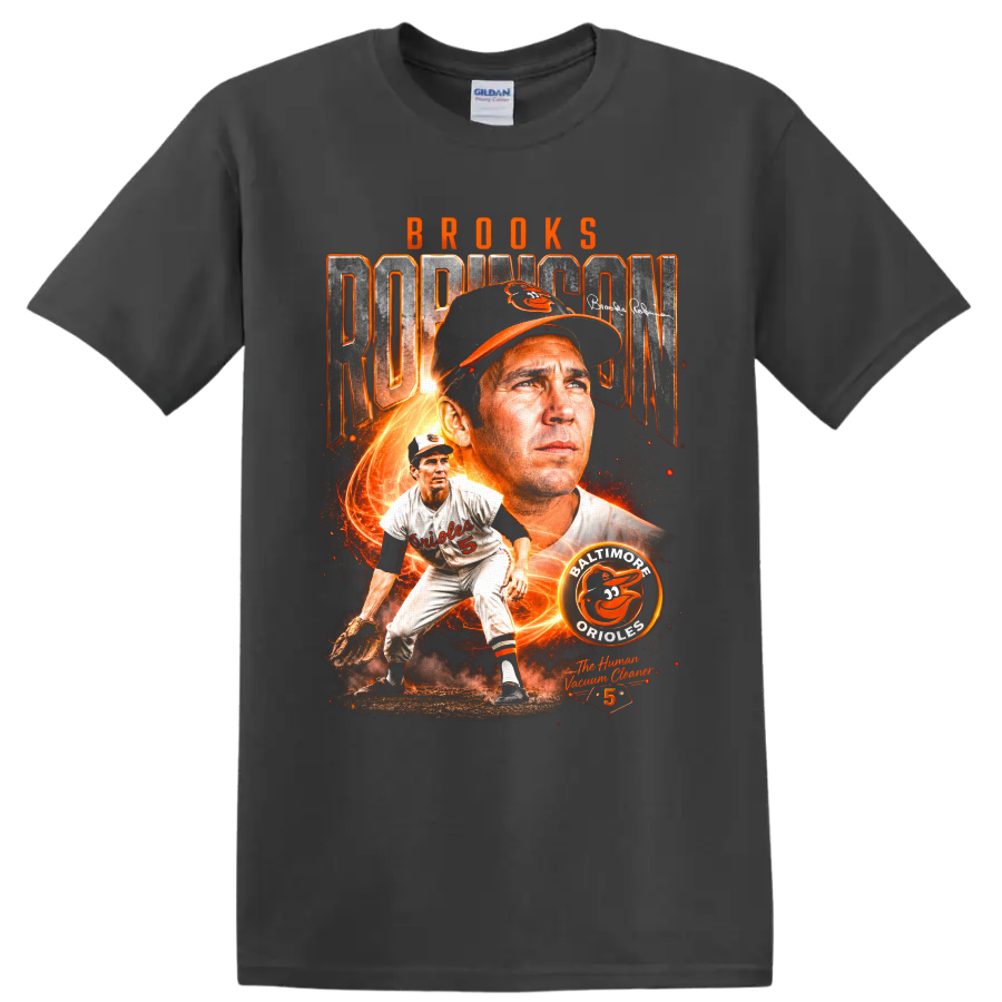 Brooks Robinson Baltimore Orioles vintage baseball collage with number 5 and fiery orange on a Charcoal T Shirt
