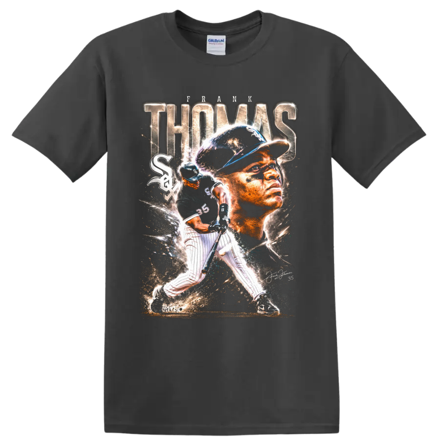 Frank Thomas Chicago White Sox portrait and batting action baseball collage graphic on a Charcoal T Shirt