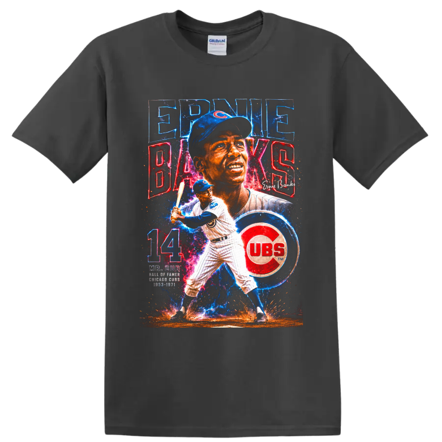Ernie Banks Chicago Cubs Mr. Cub portrait and batting graphic with number 14 on a Charcoal T Shirt