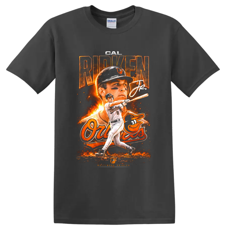 Cal Ripken Jr. Baltimore Orioles fiery vintage-style batting and portrait graphic on a Charcoal T Shirt