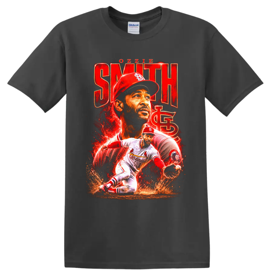 Ozzie Smith St. Louis Cardinals portrait and fielding baseball tribute graphic on a Charcoal T Shirt