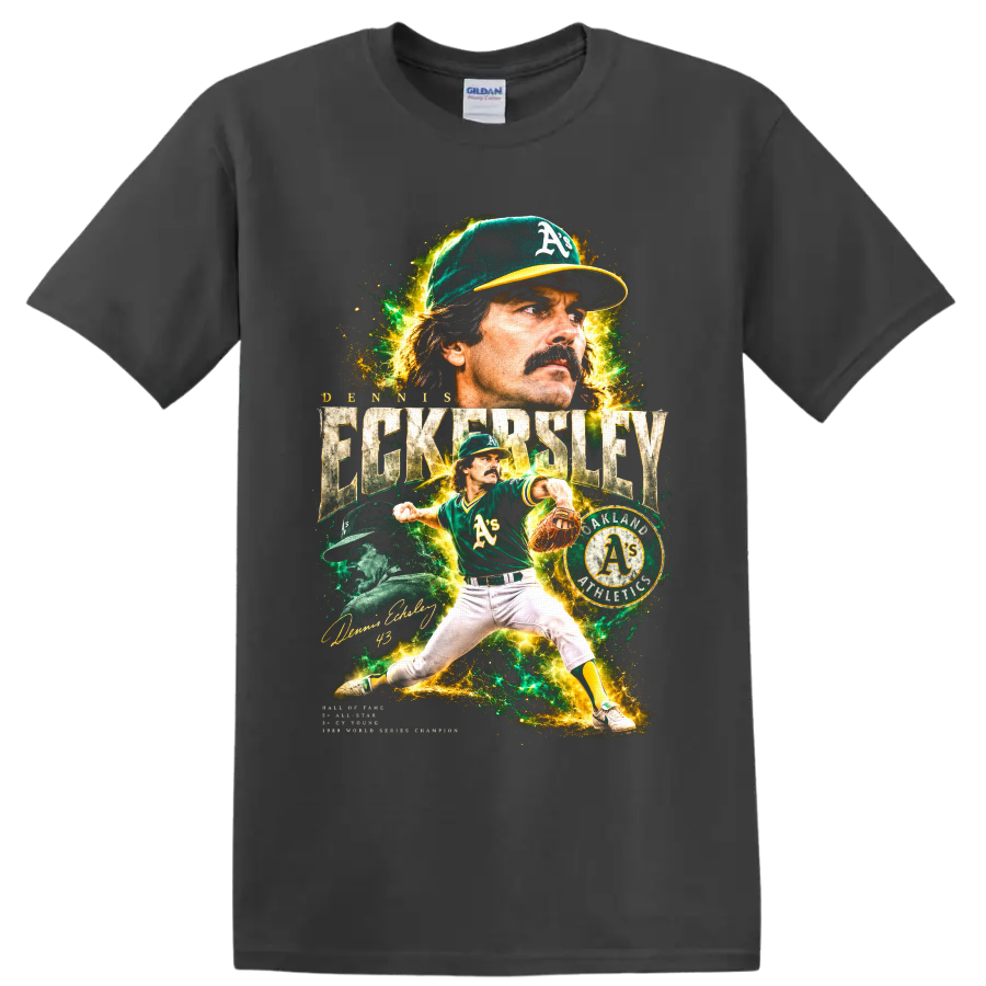 Dennis Eckersley Oakland Athletics pitcher collage with vintage baseball lettering on a Charcoal T Shirt
