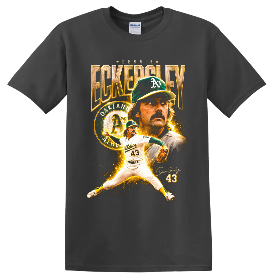 Dennis Eckersley Oakland Athletics number 43 pitcher collage with vintage gold text on a Charcoal T Shirt