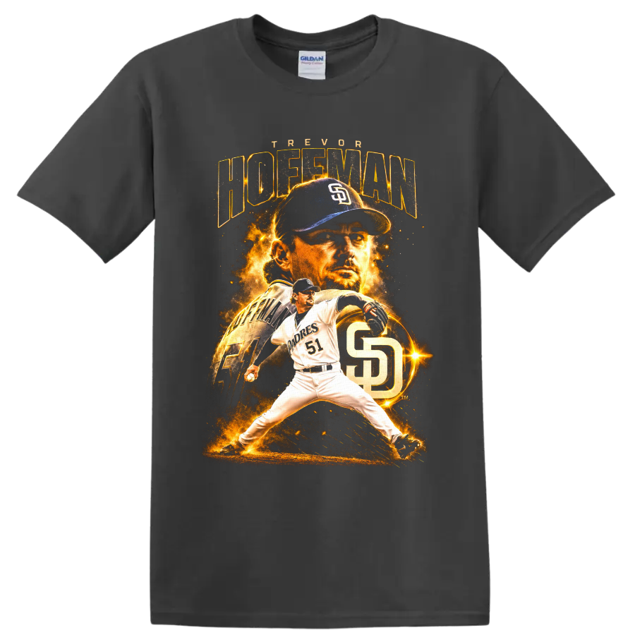 Trevor Hoffman Padres number 51 pitching graphic with fiery portrait and SD monogram on a Charcoal T Shirt