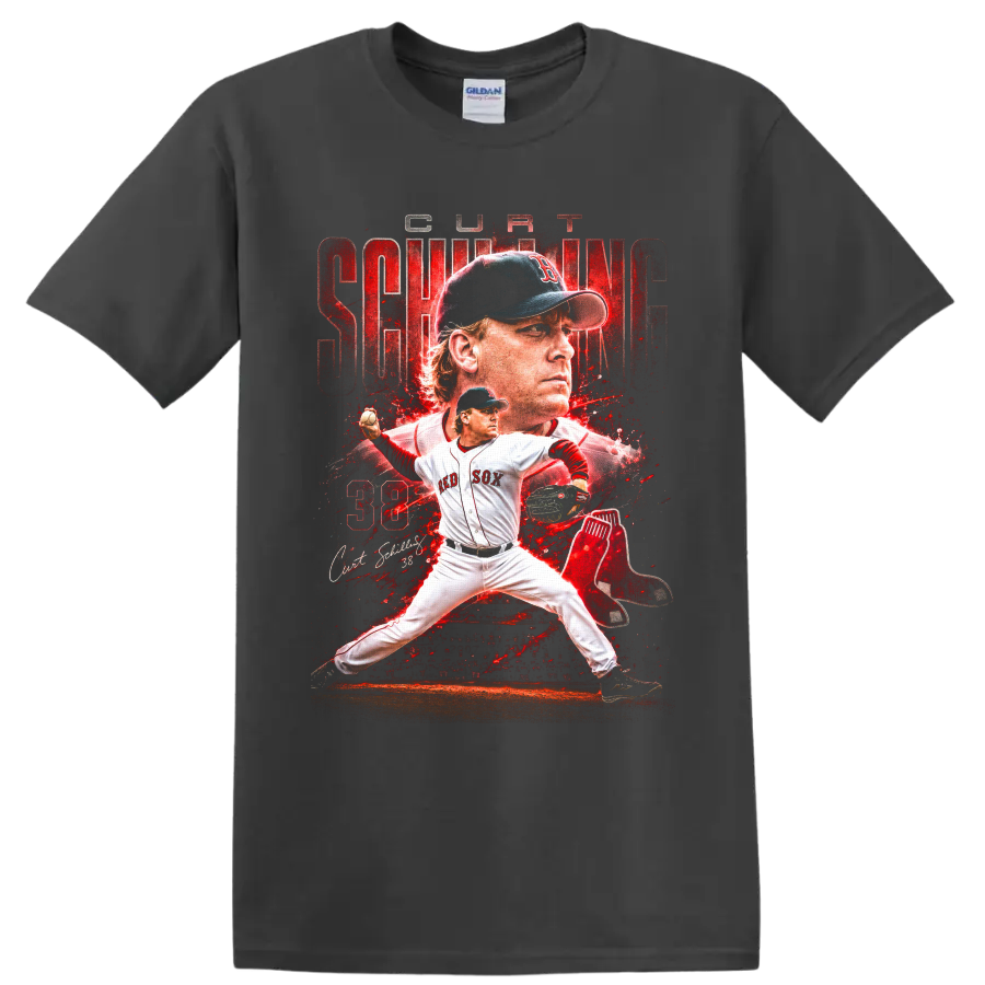 Curt Schilling Red Sox pitcher collage with number 38 and distressed red sports art on a Charcoal T Shirt