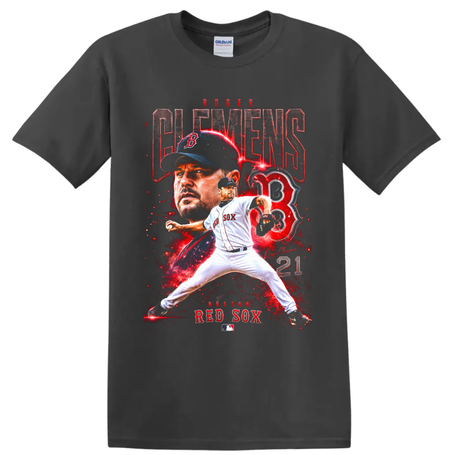 Roger Clemens Boston Red Sox pitcher collage with number 21 and red lightning on a Charcoal T Shirt